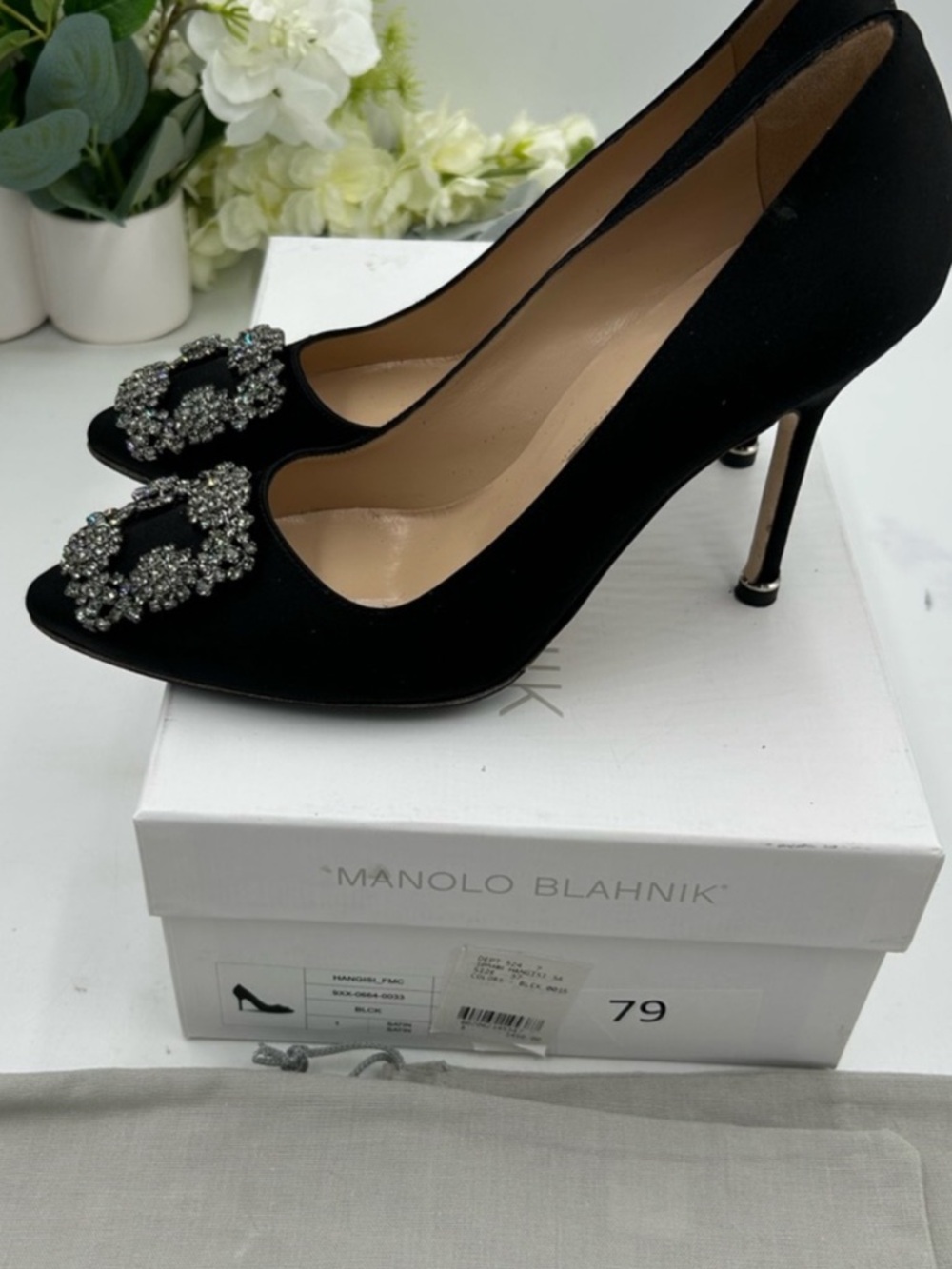 Manolo Blahnik HANGISI Black Satin Crystal-Buckle Pointed Toe Pumps. Size 37 - Picture 3 of 7